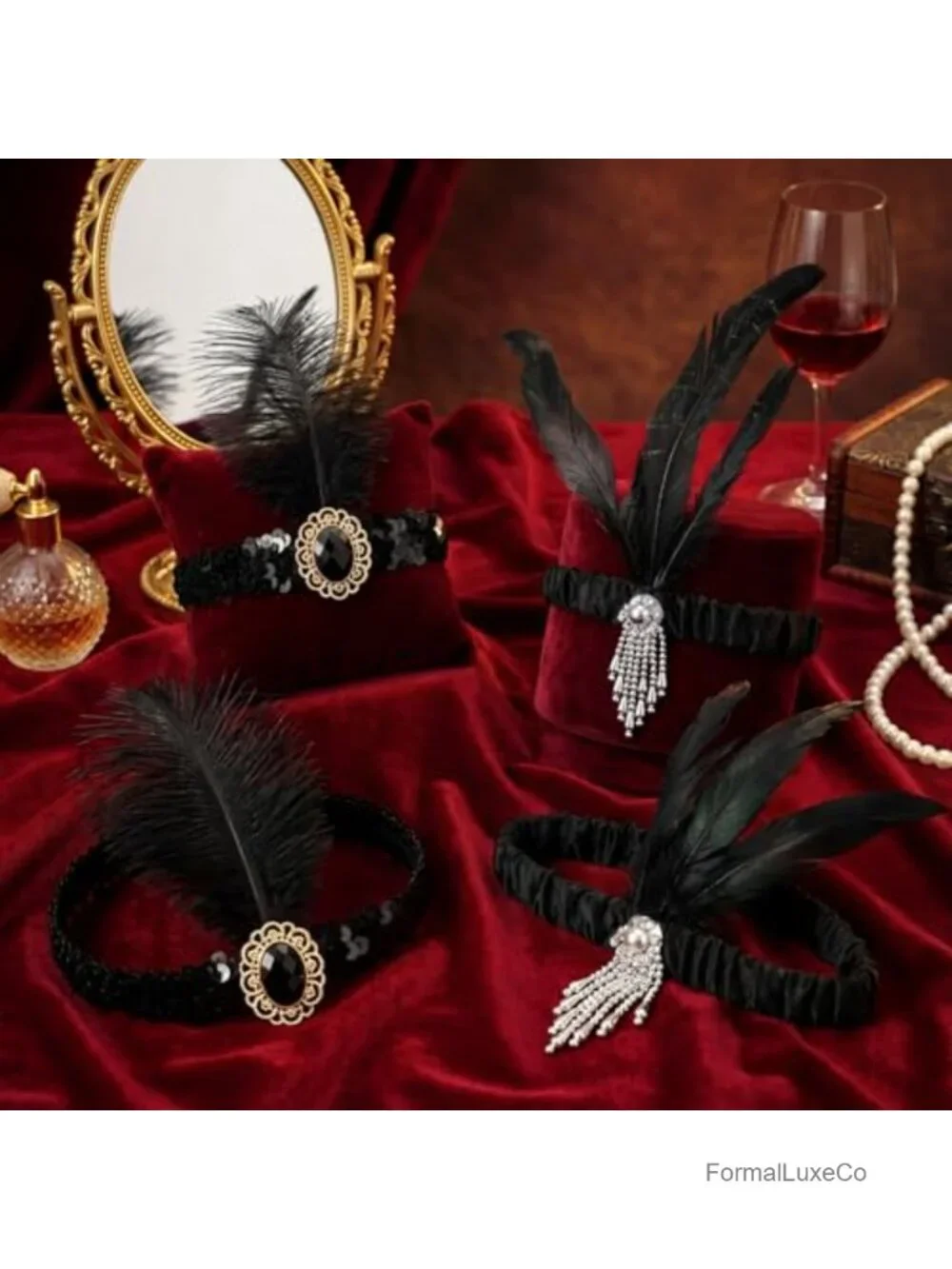 48 Pack 1920s Flapper Headbands Ostrich Feathers Sequins Rhinestones, Stretchy,